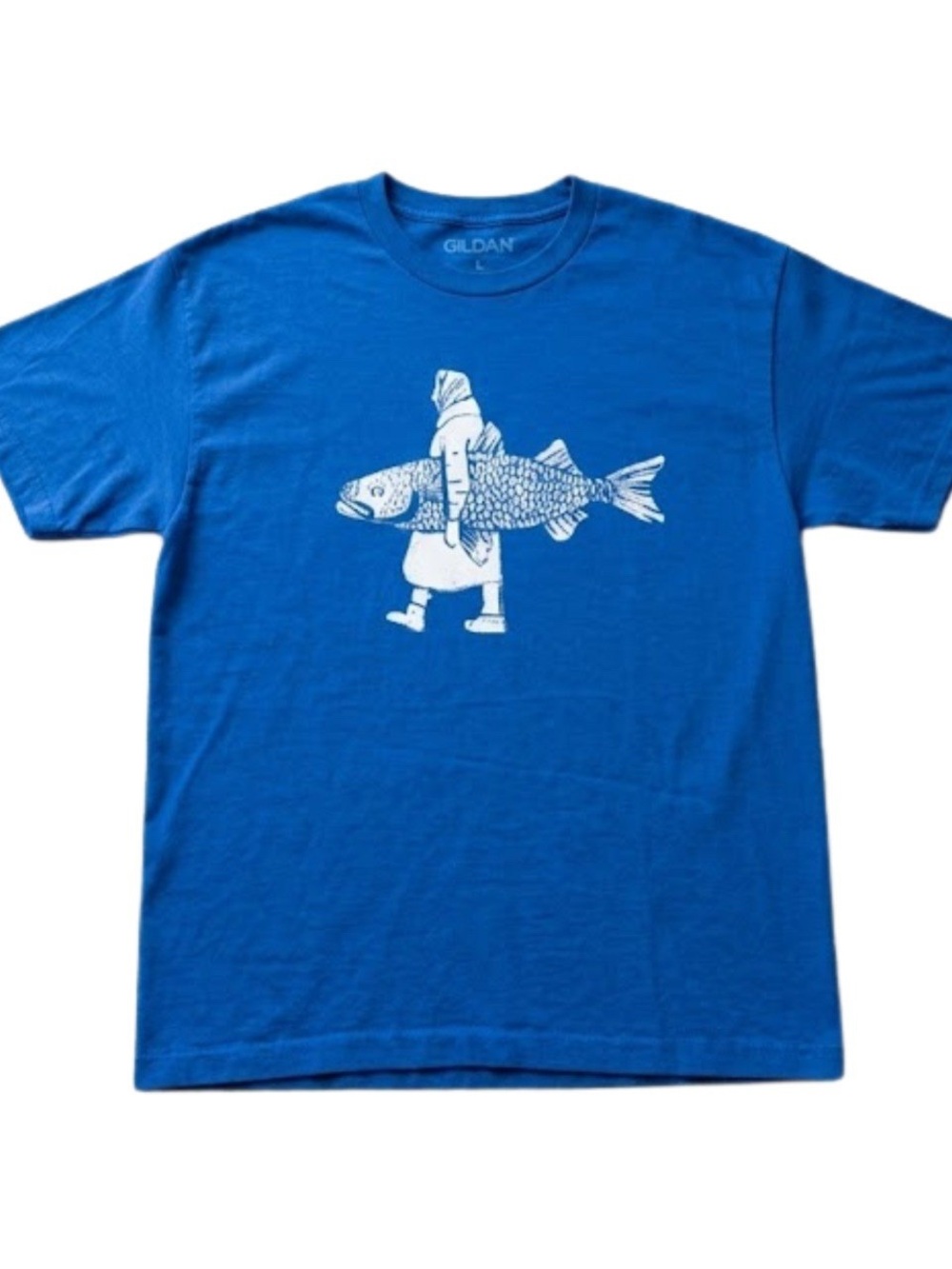 Gildan Royal Blue Tee with White Graphic Of A Person Holding A Fish